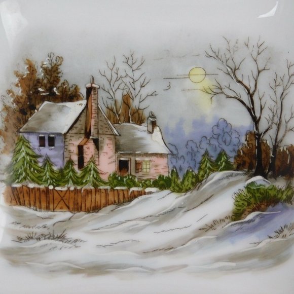 Vintage Numbered 274/751 Pink Rim Square Bowl w/Handpainted Winter House Scene - Picture 2 of 6